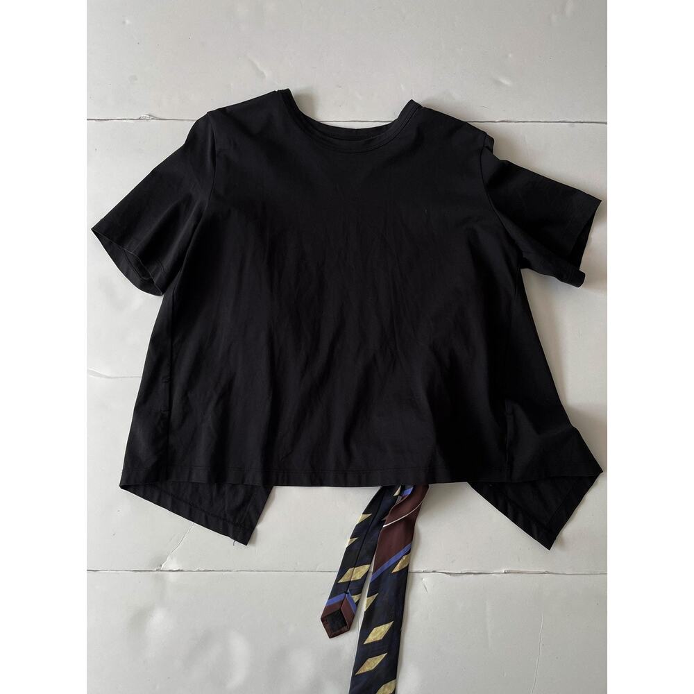 JNBY Modern Shirt Womens Small Black Short Sleeve Back Strap Bow Detail Asym Hem